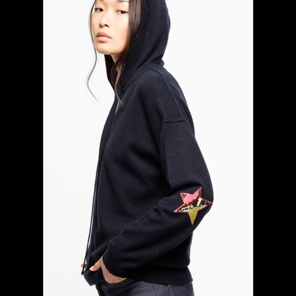 Zadig & Voltaire Nox Star Patch 100% Cashmere Hooded Sweater Black XS luxury - Picture 1 of 16